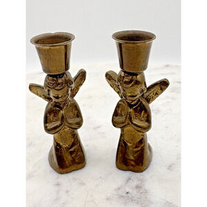 Two (2) Vintage Pair Small Tiny Solid Brass Praying Angel Candlestick Holders